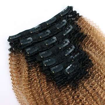 Sassina Two Tone Afro Curly Human Hair Clip-in Extensions For Black Women Ombre Natural Black Fading to Strawberry Blonde 120 Grams 7 Pieces Per Bundle With 17 Clips AC TN27 20 Inch