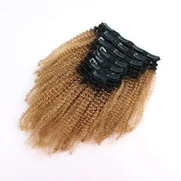Sassina Two Tone Afro Curly Human Hair Clip-in Extensions For Black Women Ombre Natural Black Fading to Strawberry Blonde 120 Grams 7 Pieces Per Bundle With 17 Clips AC TN27 20 Inch