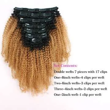 Sassina Two Tone Afro Curly Human Hair Clip-in Extensions For Black Women Ombre Natural Black Fading to Strawberry Blonde 120 Grams 7 Pieces Per Bundle With 17 Clips AC TN27 20 Inch
