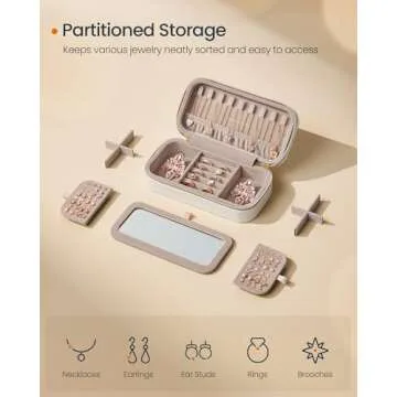 SONGMICS HOME Travel Jewelry Case, Small Jewelry Box Organizer with Mirror, 4.1 x 8 x 2.4 Inches, PU Surface with Stitching, Portable, Cloud White, ANAH Collection UJBC180W01