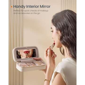 SONGMICS HOME Travel Jewelry Case, Small Jewelry Box Organizer with Mirror, 4.1 x 8 x 2.4 Inches, PU Surface with Stitching, Portable, Cloud White, ANAH Collection UJBC180W01