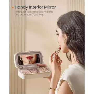 SONGMICS HOME Travel Jewelry Case, Small Jewelry Box Organizer with Mirror, 4.1 x 8 x 2.4 Inches, PU Surface with Stitching, Portable, Cloud White, ANAH Collection UJBC180W01