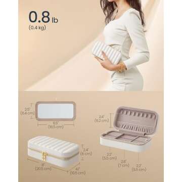 SONGMICS HOME Travel Jewelry Case, Small Jewelry Box Organizer with Mirror, 4.1 x 8 x 2.4 Inches, PU Surface with Stitching, Portable, Cloud White, ANAH Collection UJBC180W01