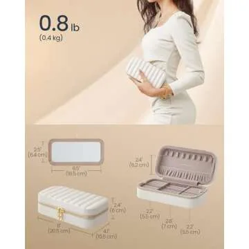 SONGMICS HOME Travel Jewelry Case, Small Jewelry Box Organizer with Mirror, 4.1 x 8 x 2.4 Inches, PU Surface with Stitching, Portable, Cloud White, ANAH Collection UJBC180W01