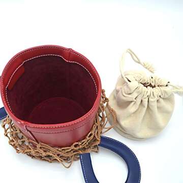 Miuco Women Nets Bucket Handbags Straw Tote Bag Purses (Red)