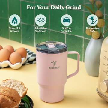 REDUCE Hot1 18 oz Hot1 Stainless Steel Insulated Mug with Temperature Adjusting Lid - Dual-Wall Vacuum, Cupholder Friendly - Keeps Drinks Hot for 6 Hours - Ideal for Coffee, Tea & Other - Pink Salt