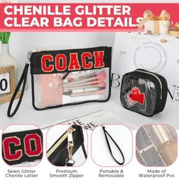 Aintmax 2Pcs Clear Coach Bag Chenille Varsity Letter Makeup Bag Preppy Patch Pouch Waterproof PVC Toiletry Organizer Flat Travel Cosmetic Bag Cheerleading Coach Gifts for Women(Coach-Black)