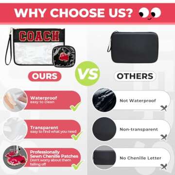 Aintmax 2Pcs Clear Coach Bag Chenille Varsity Letter Makeup Bag Preppy Patch Pouch Waterproof PVC Toiletry Organizer Flat Travel Cosmetic Bag Cheerleading Coach Gifts for Women(Coach-Black)