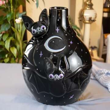 Generic Gothic Kawaii Bat Design Ceramic Vase, Unique Black Decorative Flower Vase, Cartoon Bat Hydr...