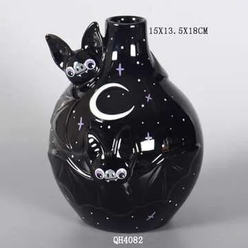 Generic Gothic Kawaii Bat Design Ceramic Vase, Unique Black Decorative Flower Vase, Cartoon Bat Hydroponic Vases, Flower Arrangement Art Halloween Home Decor Gifts, YSM006