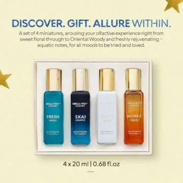 BellaVita Luxury Unisex Cologne Gift Set (4x20ml) | Vanilla Perfume & Fragrances Includes Honey OUD, SKAI, FRESH & White OUD | Body Mist Mini Perfumes & Spicy Vanilla Perfume Oil | Pheromone Perfume