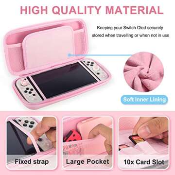 BRHE Cute Cat Paw Switch Carrying Case Pink for Nintendo Switch OLED Model 2021/Switch 2017, Portable Protective Hard Shell Girl Bag with Pendant and Thumb Grip Caps