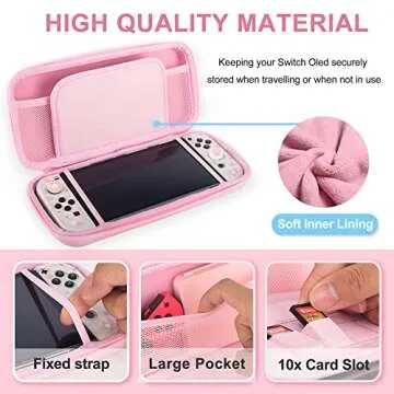 BRHE Cute Cat Paw Switch Carrying Case Pink for Nintendo Switch OLED Model 2021/Switch 2017, Portable Protective Hard Shell Girl Bag with Pendant and Thumb Grip Caps
