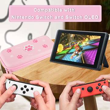 BRHE Cute Cat Paw Switch Carrying Case Pink for Nintendo Switch OLED Model 2021/Switch 2017, Portable Protective Hard Shell Girl Bag with Pendant and Thumb Grip Caps