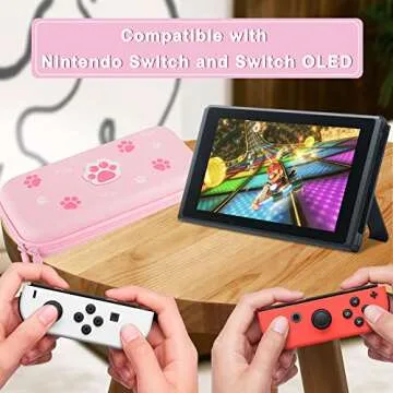 BRHE Cute Cat Paw Switch Carrying Case Pink for Nintendo Switch OLED Model 2021/Switch 2017, Portable Protective Hard Shell Girl Bag with Pendant and Thumb Grip Caps