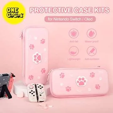 BRHE Cute Cat Paw Switch Carrying Case Pink for Nintendo Switch OLED Model 2021/Switch 2017, Portable Protective Hard Shell Girl Bag with Pendant and Thumb Grip Caps