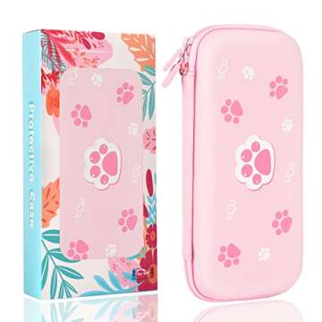 BRHE Cute Cat Paw Switch Carrying Case Pink for Nintendo Switch OLED Model 2021/Switch 2017, Portable Protective Hard Shell Girl Bag with Pendant and Thumb Grip Caps