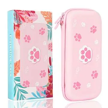 BRHE Cute Cat Paw Switch Carrying Case Pink for Nintendo Switch OLED Model 2021/Switch 2017, Portable Protective Hard Shell Girl Bag with Pendant and Thumb Grip Caps