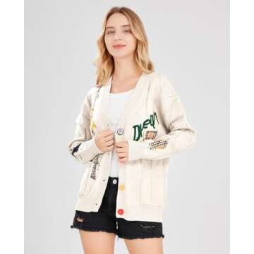 Women's Cable Knit Long Sleeve Open Front Cardigan Sheep V-Neck Button Down Embroidery Wool Blend Sweater Coat Outwear (2XL,Beige)