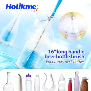 Holikme Bottle Brush Tube Cleaning Set with Long Handle, Cup Cleaner for Washing Narrow Neck Beer Wine Decanter Pipes Lids Sinks Cap Covers, White