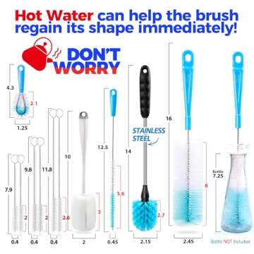 Holikme Bottle Brush Tube Cleaning Set with Long Handle, Cup Cleaner for Washing Narrow Neck Beer Wine Decanter Pipes Lids Sinks Cap Covers, White
