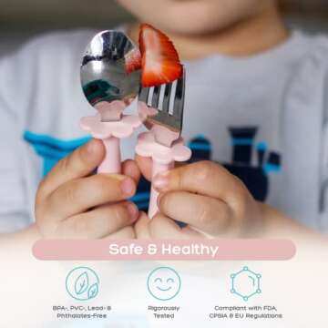 Grabease Toddler Silverware Set Forks Spoons and Knives Set Toddler Utensils Feeding Supplies, BPA and Phthalates-Free, Dishwasher Safe, Blush Pink