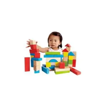 Hape Maple Wood Kids Building Blocks Stacking Wooden Block Educational Toy Set for Toddlers, 50 Brightly Colored Pieces in Assorted Shapes and Sizes