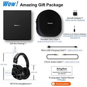 Srhythm NC75 Pro Noise Cancelling Headphones Bluetooth V5.0 Wireless,40 Hours Playtime Headsets Over Ear with Microphones&Fast Charge for TV/PC/Cell Phone