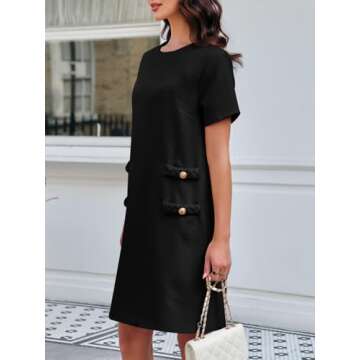 Wenrine Womens Tweed Mini Dress Short Sleeve Crew Neck Work Office Elagant Formal Summer A Line Shif...