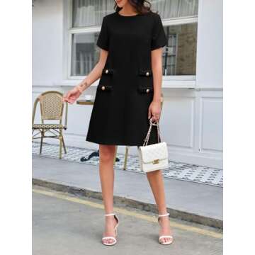 Wenrine Womens Tweed Mini Dress Short Sleeve Crew Neck Work Office Elagant Formal Summer A Line Shift Dresses Black