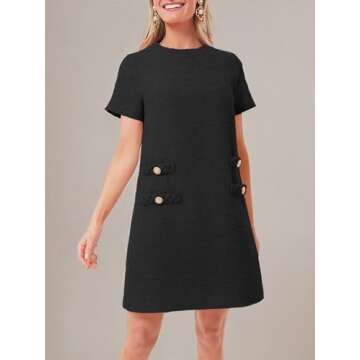 Wenrine Womens Tweed Mini Dress Short Sleeve Crew Neck Work Office Elagant Formal Summer A Line Shift Dresses Black
