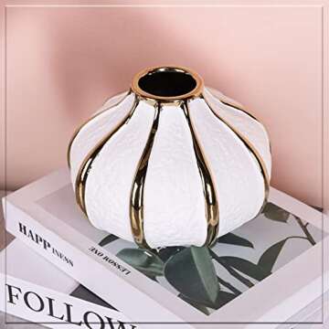 oliruim White Gold Home Decor Vase, Round White Bud Ceramic Vase for Flower Decoration, Luxury Home ...