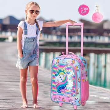 AGSDON Kids Luggage for Girls, Cute Unicorn Rolling Suitcase Wheels for Children Toddler