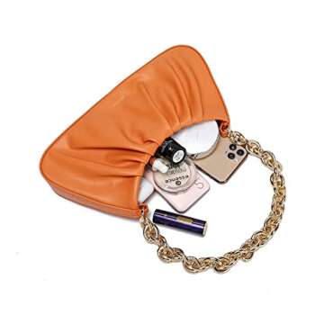 JOLLQUE Shoulder Bag for Women,Small Leather Dumpling Bags Handbag Purse,Gold Chain Evening Clutch Purses with Heavy Aluminum Metal Chain(Orange)