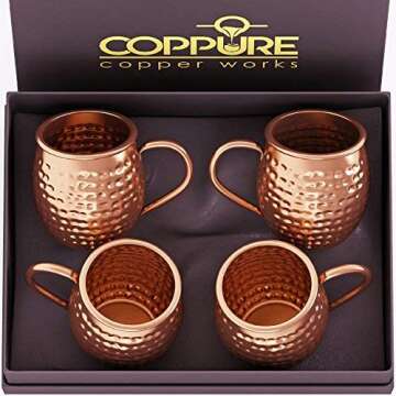 CopPure Moscow Mule Copper Mugs Set of 4 - Pure 100% Solid Hammered, Unlined Copper Cups For Icy Cold Cocktails - Recipes Included - Makes A Great Gift