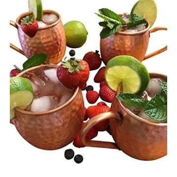 CopPure Moscow Mule Copper Mugs Set of 4 - Pure 100% Solid Hammered, Unlined Copper Cups For Icy Cold Cocktails - Recipes Included - Makes A Great Gift