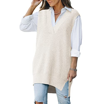 Viottiset Women's Oversized Sweater Vest V Neck Tunic Sleeveless Pullover Knit Top Apricot Small
