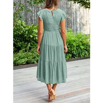 MEROKEETY Flutter Short Sleeve Summer Midi Dress