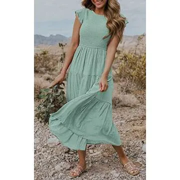 MEROKEETY Flutter Short Sleeve Summer Midi Dress