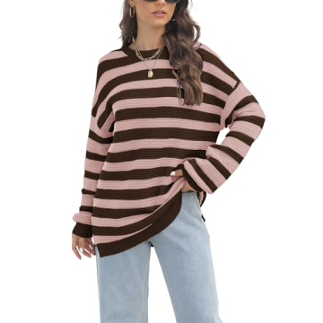 GUNEST Women Coffee Striped Sweater Oversized Long Sleeve Crew Neck Ribbed Knit 2024 Pullover Sweater Tops for Fall Winter