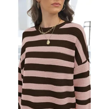 GUNEST Women Coffee Striped Sweater Oversized Long Sleeve Crew Neck Ribbed Knit 2024 Pullover Sweater Tops for Fall Winter