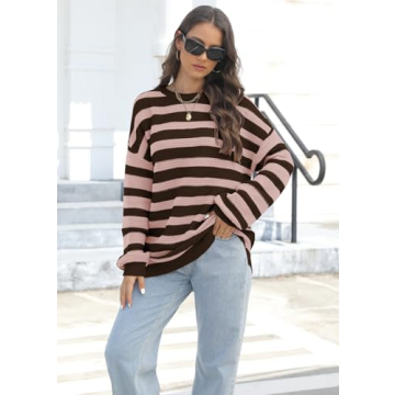 GUNEST Women Coffee Striped Sweater Oversized Long Sleeve Crew Neck Ribbed Knit 2024 Pullover Sweater Tops for Fall Winter