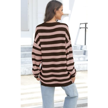GUNEST Women Coffee Striped Sweater Oversized Long Sleeve Crew Neck Ribbed Knit 2024 Pullover Sweater Tops for Fall Winter