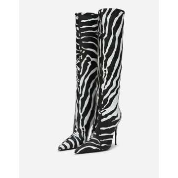 CAGLGLZ Women's Pointed Toe Knee Thigh High Boots Leopard Print Wide Calf Boots for women Sexy Fashion tall Boots(5,black white)