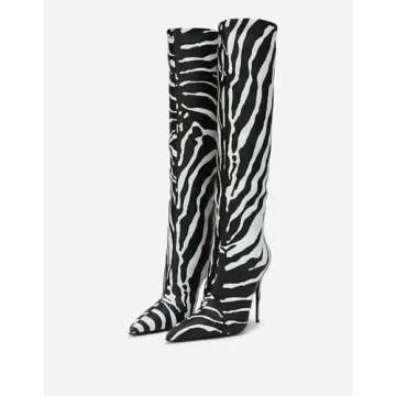 CAGLGLZ Women's Pointed Toe Knee Thigh High Boots Leopard Print Wide Calf Boots for women Sexy Fashion tall Boots(5,black white)