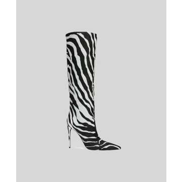 CAGLGLZ Women's Pointed Toe Knee Thigh High Boots Leopard Print Wide Calf Boots for women Sexy Fashion tall Boots(5,black white)