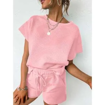Tankaneo Womens Loungewear Set Short Sleeve Tops and Shorts 2 Piece Outfits Matching Lounge Pajama Set with Pockets Pink