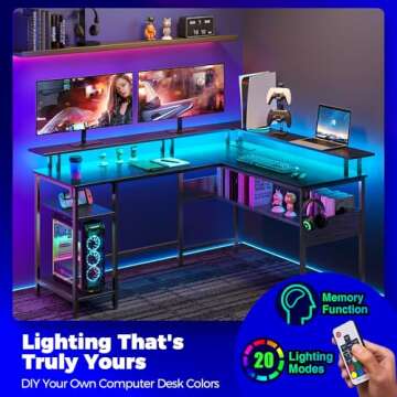 Rolanstar Computer Desk L Shaped 59.4" with LED Lights and Power Outlets, Reversible L Shaped Gaming Desk with Monitor Stand, Home Office Desk with Storage, Desk with USB Port and Hook, Black