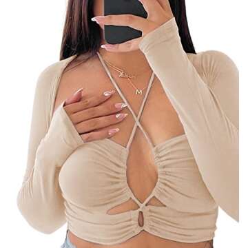 Avanova Women Sexy Long Sleeve Cut Out Crop Top Halter Going Out Criss Cross Shirts Beige Medium