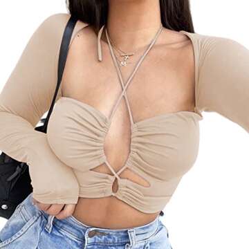Avanova Women Sexy Long Sleeve Cut Out Crop Top Halter Going Out Criss Cross Shirts Beige Medium
